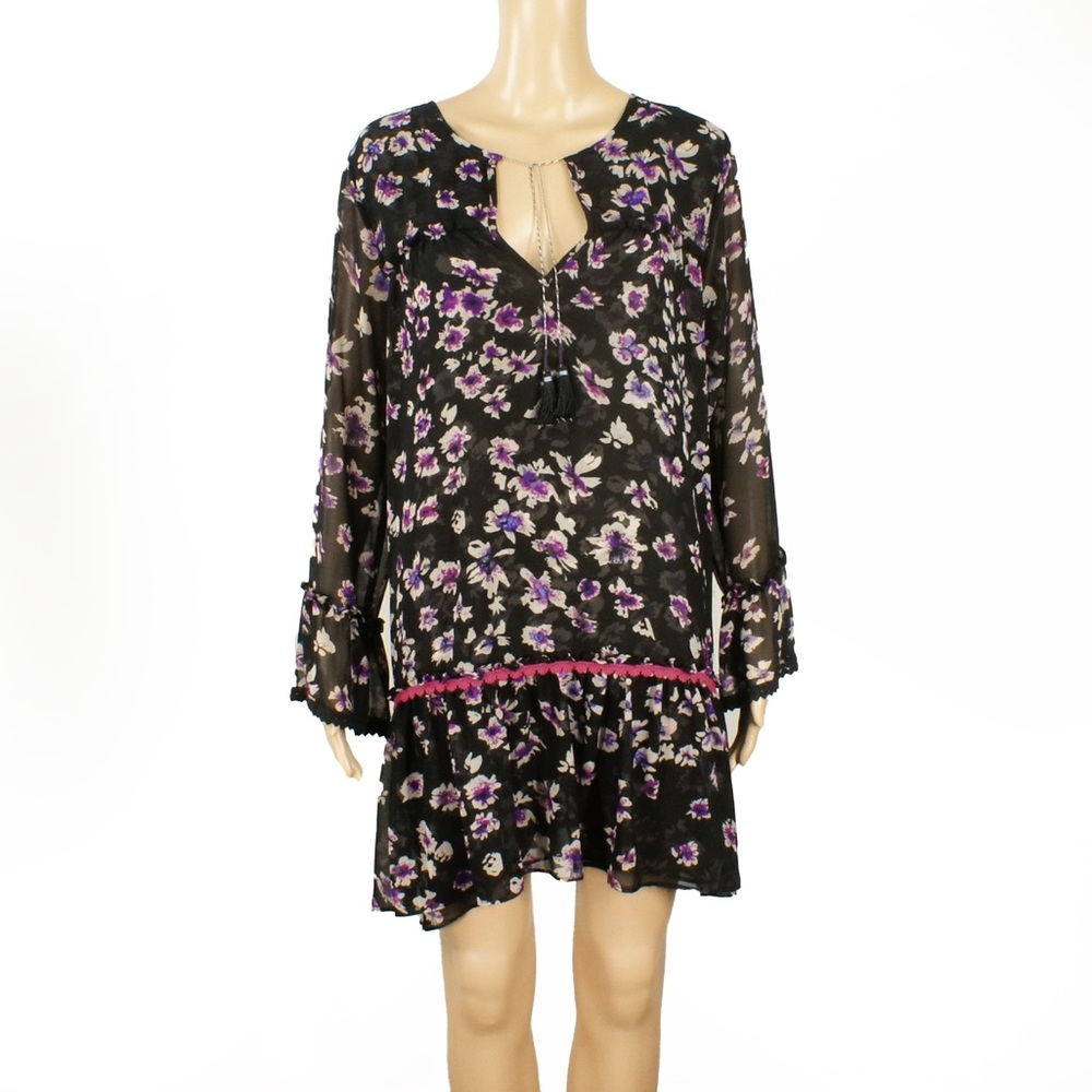 Misa Gallo Floral Black Boho Drop Waist Sheer Long Sleeve Mini Dress - Picture 4 of 10